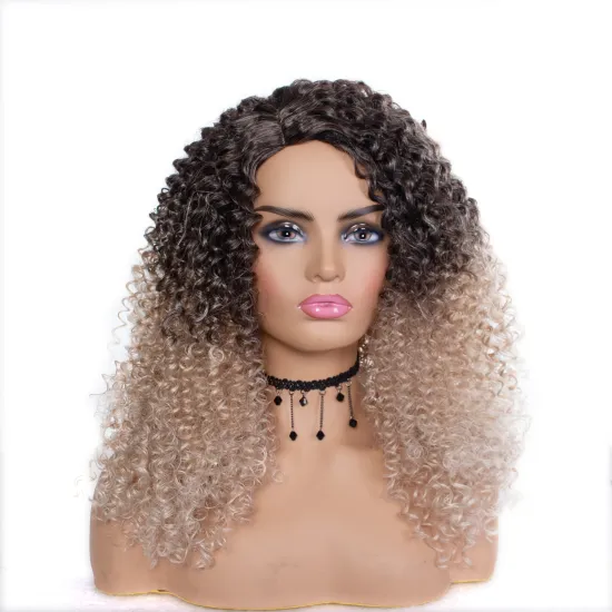 Wholesale heat resistant ombre black hair root to blonde kinky curly long wig hair synthetic hair wigs for women
