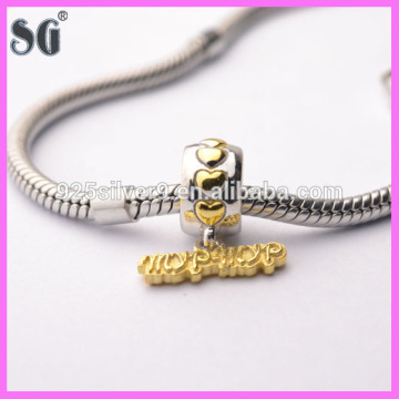Double Colors Gold & Silver Loving Heart Silver Charms /Silver Beads Fits For European Bracelets