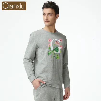 Qianxiu Brand Hoodie Printed Cotton Men Nightgown