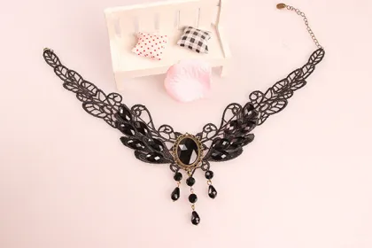 Fashion Black Wings With Gem Lace Necklace