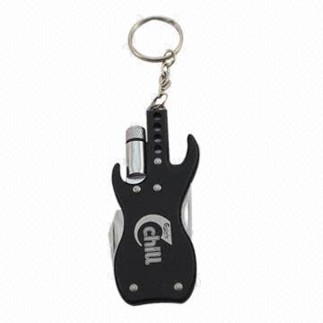 Guitar-shaped gift knife with torch and keychain