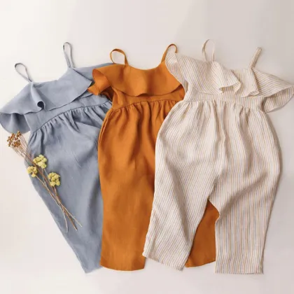 Summer Children's Cotton and Linen Ruffled Jumpsuits for Baby Girls: Flutter Linen Bubble Rompers & Sling Jumpsuits