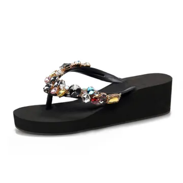 2024 Summer Luxury Rhinestone Women's Flip-Flops: Handmade Thick-Sole Fashion Wedge Heels for Outdoor Beach Slippers
