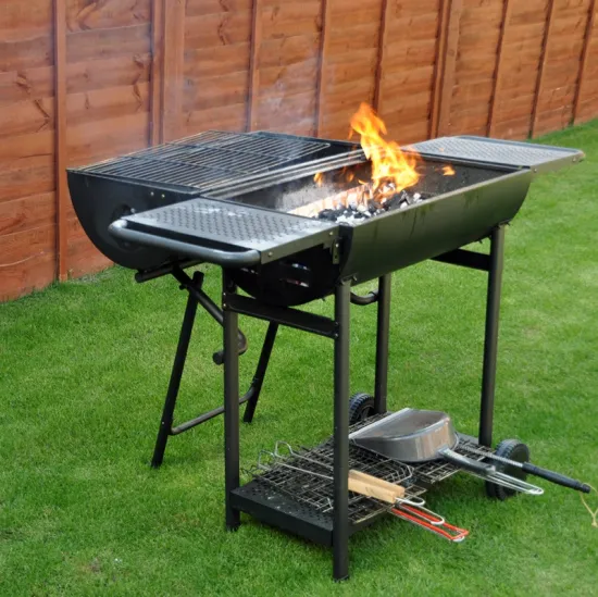 F16 KEYO Double-side Deformation Flat Top Barrel Garden Trolley Charcoal BBQ Grills with Double Side Shelf and Bottom Shelf
