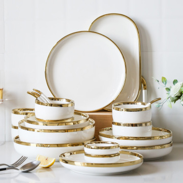 Nordic White Ceramic Dinner Plate with Gold Rim - Porcelain Dinnerware Set for Weddings