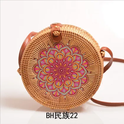 Woven Women's Round PU Leather Strap Bali Straw Embroidery Rattan Bag
