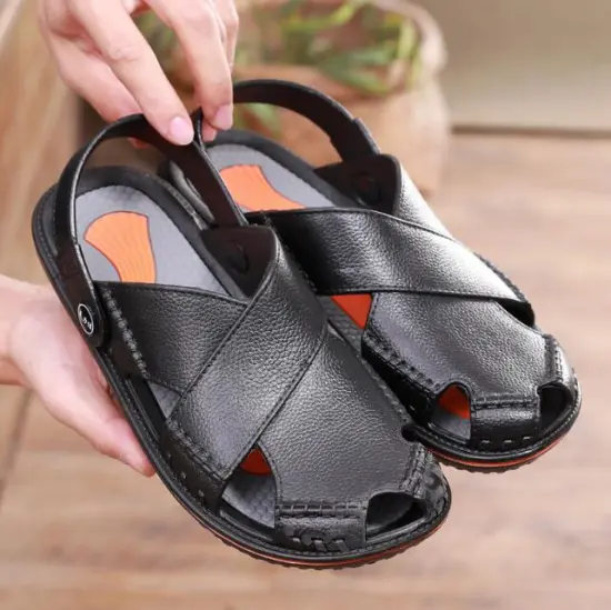 Summer Hot Selling Mens Leather Sandals: Lightweight, Breathable, and Stylish for Outdoor Beach Use in Black and Brown
