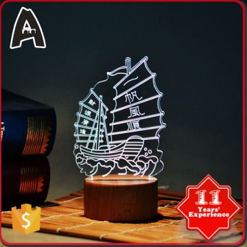 With Wooden Base Creative design sailboat home light mirror led cube 3d illusion night light