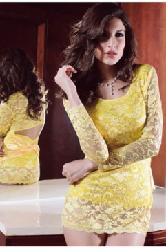 Yellow Sheer Lace Long Sleeved Clubwear Party Mini Dress Siz