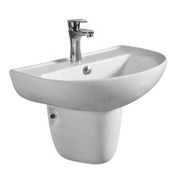 Modern Rectangle Ceramic Two Piece Bathroom Hand Wash Basin Pedestal Sink - Gold Line White Color Floor Stand