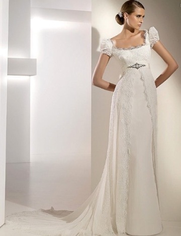 Empire Sheath Column Square Neck Short Sleeves Cathedral Train Chiffon Lace Ribbons Wedding Dress