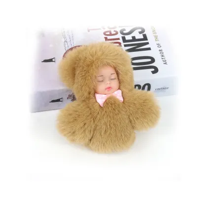 New sleeping baby keychain Real Fur Pom Pom Key Chain Women Trinket Car Key Ring Keychain Jewelry Gift fluffy keychain on bag