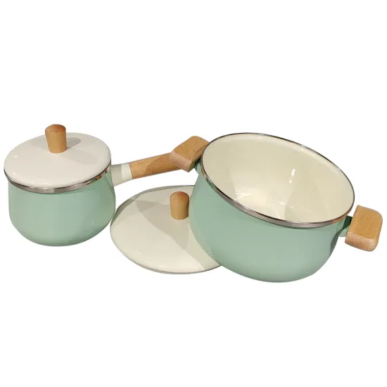 Enamel Steel Cookware Set with Saucepan, Milk Pot, and Wood Handles