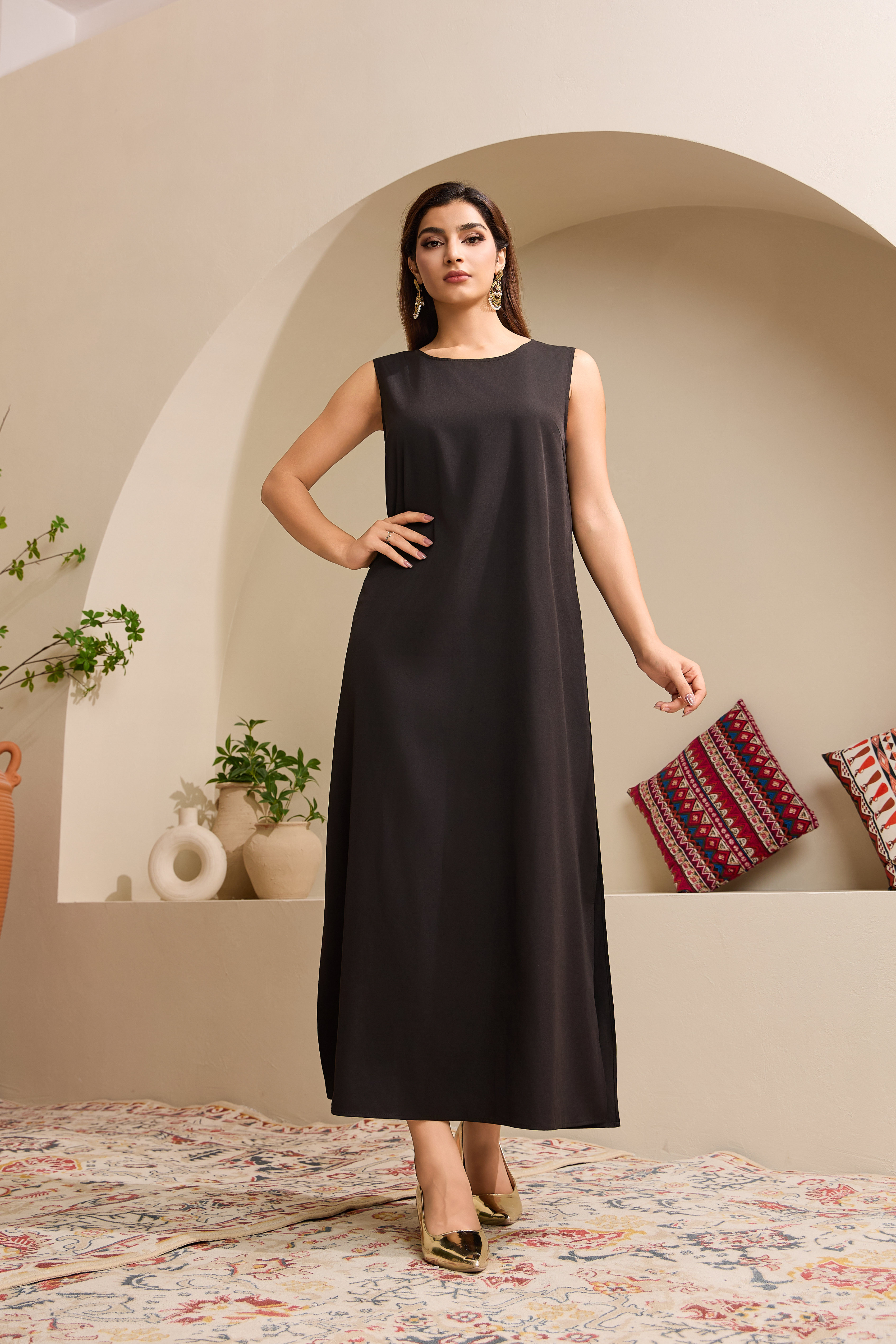 black embroidered cuff open abaya set full front model view