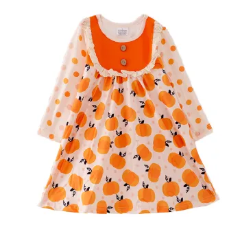 Fall and Winter Pumpkin Print Dress for Baby, Kids, and Toddlers - Soft Silk Twirl with Lace Ruffle - In Stock and Ready to Ship