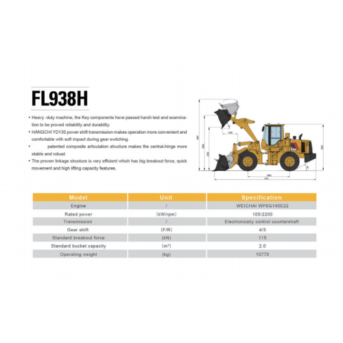 Chargeur de roues FL938H Machine de construction routière