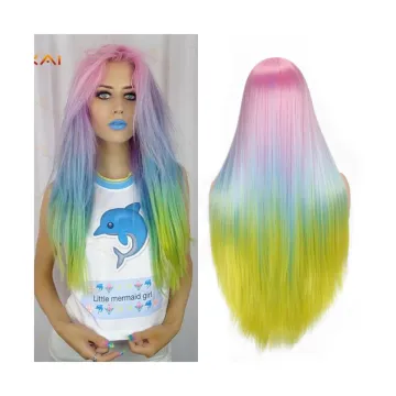Cheap Cosplay wigs long straight colorful mixed pink color Hair wigs Natural Long non lace Synthetic hair Wigs for black women