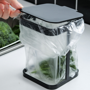 Bamboo Lid Mini Desktop Metal Trash Can for Kitchen and Bathroom