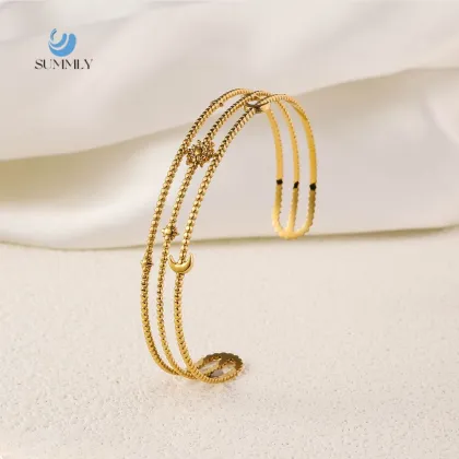 18K Gold Plated Titanium Steel Open Bracelet with Stars and Moons Design