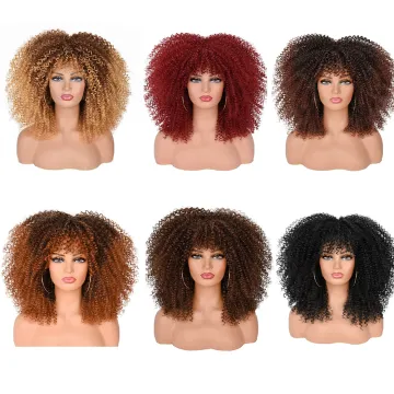 Wholesale Black Brown Red Curly Wigs for Black Women Afro Curly Colorful Wigs with Bangs 14 Inch Afro Kinky Loose Curly Wave