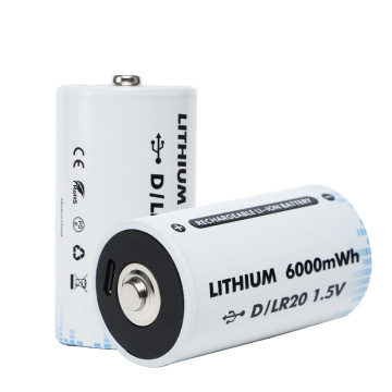 Rechargeable D Size LR20 6000mWh 1.5v Lithium Ion Battery with Type C USB Charging Port