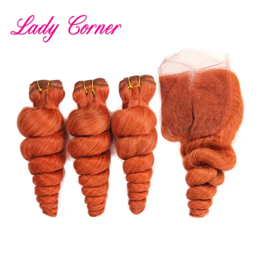 Orange color 10a grade Peruvian hair, wholesaler human hair weave with lace closure