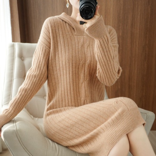 Hooded simple solid color knit dress for women