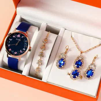 Luxury Women's Jewelry Gift Set: Sapphire Quartz Watch, Bracelet, Ring, and Earring Ensemble