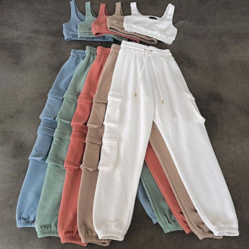 Women's solid color nine-point shirt suit + trousers knitted two-piece women joggers suits set