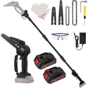 Cordless Electric Convertible Pole Chain Saw with 6-inch Long Reach and Battery Pruning Shears for Tree Cutting
