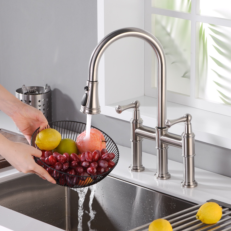 Double handle bridge pull down kitchen faucets