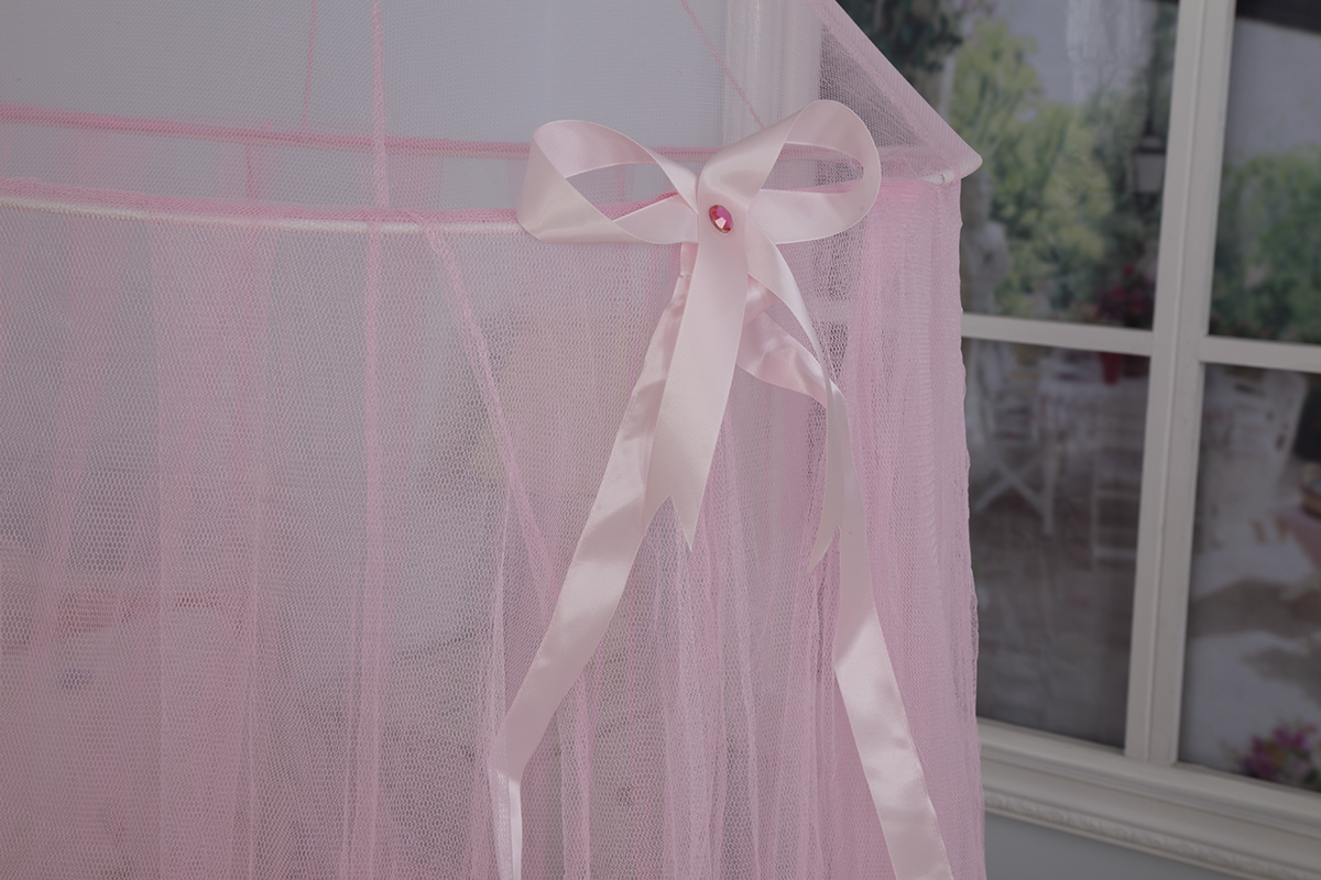 100% Polyester Ribbon Mosquito Nets Pink Circular Canopy