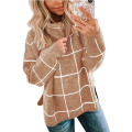Women Pullover Sweater Turtleneck Plaid Long Sleeve