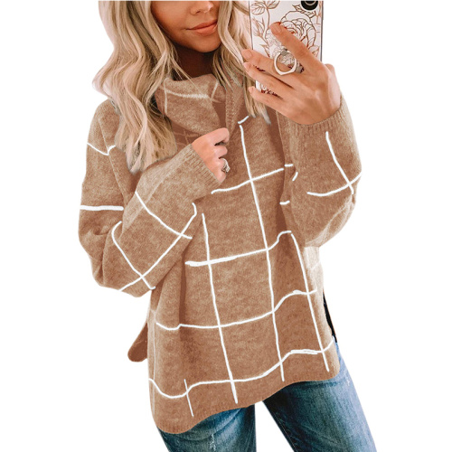 Ladies Sleepwear Women Pullover Sweater Turtleneck Plaid Long Sleeve Supplier