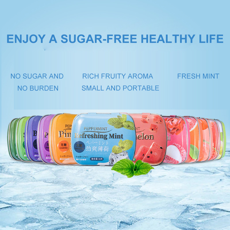 OEM ODM Vegan Custom Fruit Flavor Cool Hard Mint Candy Fresh Breath Tin Box Sugar Free Mints