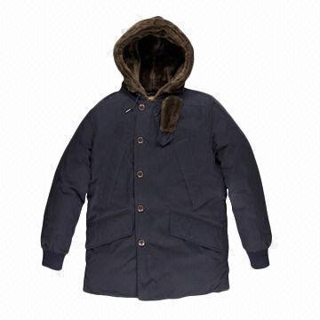 Black Men's Coat with Warm Fur Hood/Made of 70% Cotton/30% Nylon, Water Repellent and Breathable