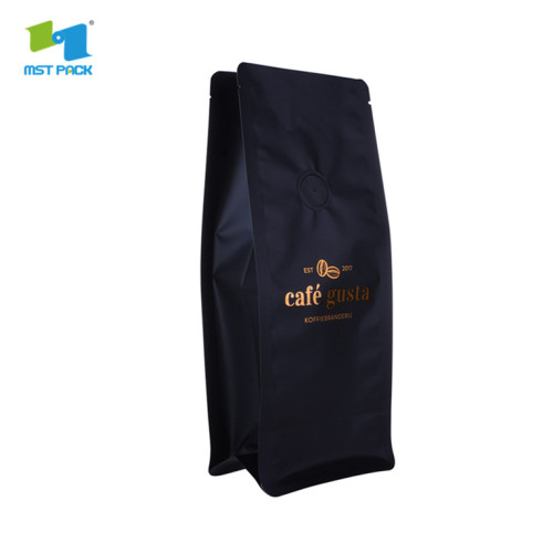 Bolsas de café negro mate reutilizables con fuelle de fondo plano