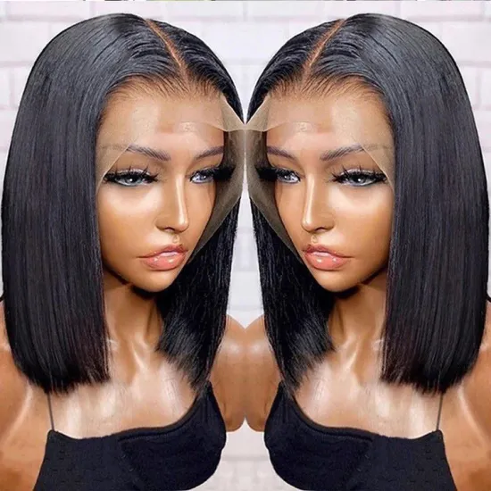 New Design Thick Bob Cut Human Hair Natural Black 12 14 16 Inch Silky Straight Peruvian Short Bob Wigs Lace Front