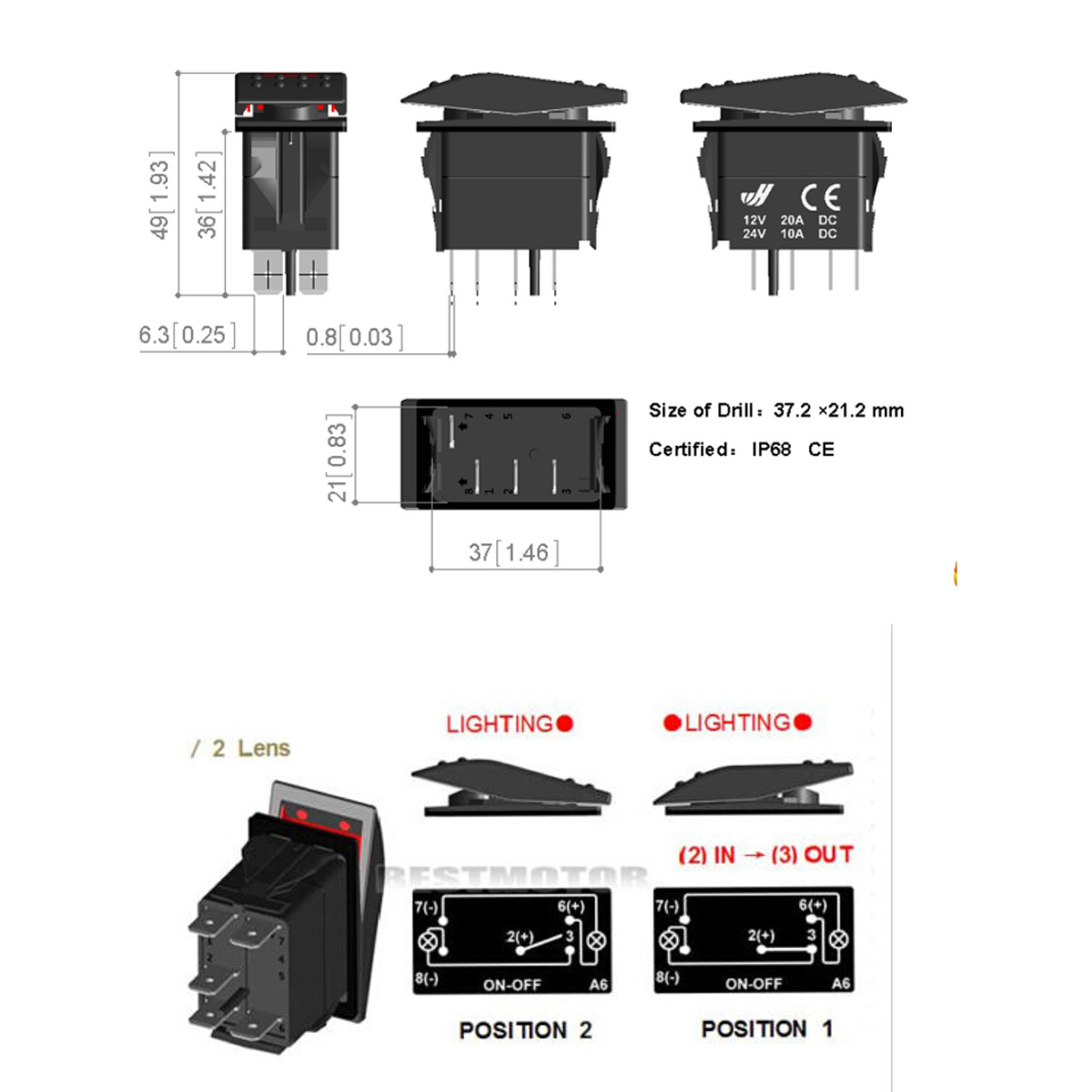 1pc 12V/20A 24V/10A Car Boat LED Rocker Switch 5pin Red LED Light Rocker Switches For Truck Trailer Bus RV Caravan