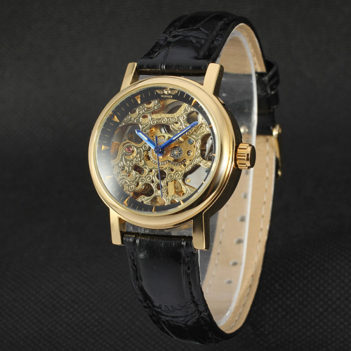 watch men brand alloy case with leather band skeleton design