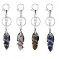 Gemstone Double Hexagonal Prism Wrapped Silver Dragon Stone Key Chains Vintage Crystal Dragon Charm Keychain Key Ring Gift