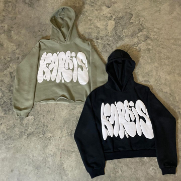 Customizable Puff Printing Sun Faded Acid Wash Hooded French Terry Cotton Pullover Hoodie for Men with Raw Hem and Crop Option