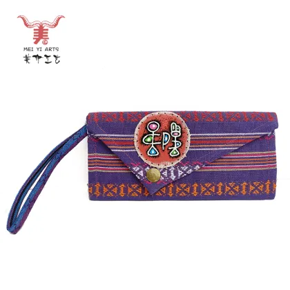 Ethnic Striped Fabric Long Wallet with Primitive Symbol Print