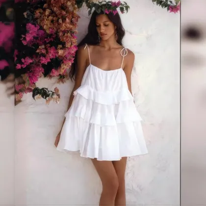 Chic Ladies Solid Layered Ruffles Sling Dress -Sexy Backless Sleeveless Mini Dress