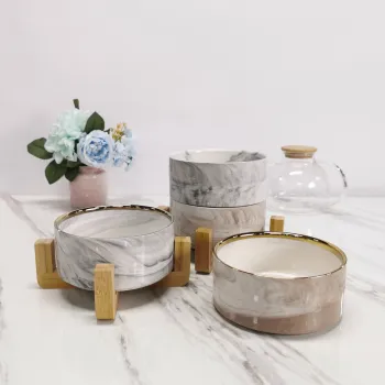 Luxury Pet Bowl: Italian White Marble Look with Bamboo Stand