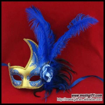 Wearable lady royal blue/gold Halloween party feathers mask