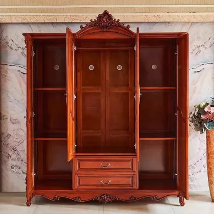 Solid Wood Carved Redwood Bedroom Furniture - Classical American Luxury Wardrobe