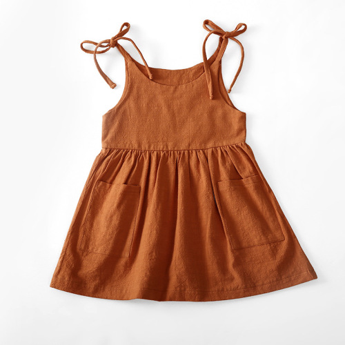 Girls' summer solid cotton linen suspender dress