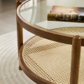 Round Glass Rattan Solid Wood Coffee Table Double Layers Glass Rattan Solid Wood Coffee Tables Manufactory