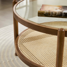 Round Glass Rattan Solid Wood Coffee Table Double Layers Glass Rattan Solid Wood Coffee Tables Manufactory